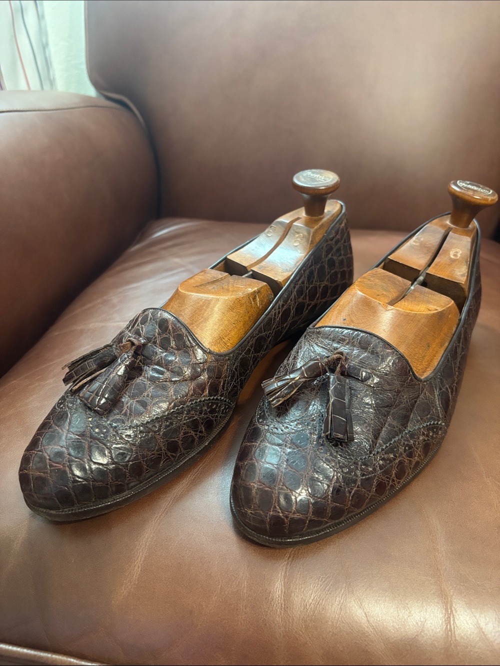 Ralph Lauren Dark Brown Croc-Pattern Tassel Loafers